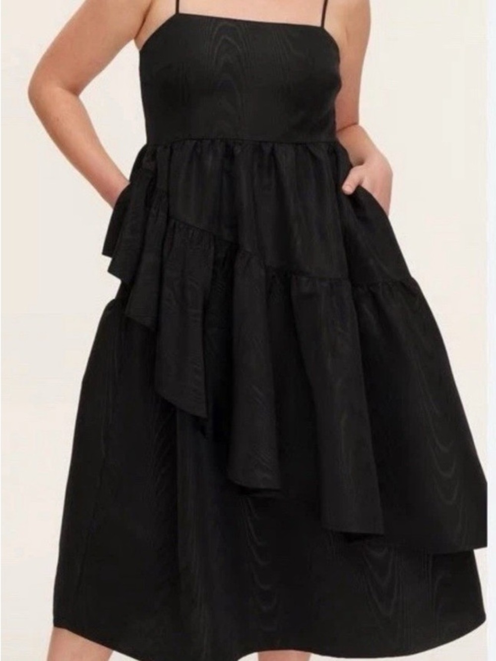 Women’s Black Tiered Midi Dress with Spaghetti Straps
